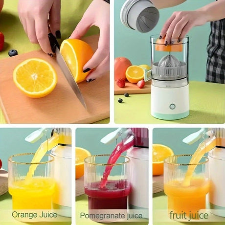 New portable USB juicer, powered by a rechargeable lithium battery, extracts juice from oranges, lemons, watermelons, grapes, and other juicy fruits with the press of a button, efficiently separating pulp residue—a versatile kitchen and travel helper.