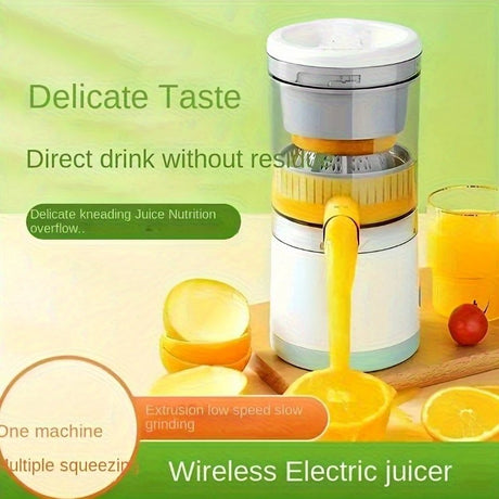 New portable USB juicer, powered by a rechargeable lithium battery, extracts juice from oranges, lemons, watermelons, grapes, and other juicy fruits with the press of a button, efficiently separating pulp residue—a versatile kitchen and travel helper.