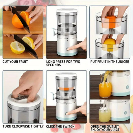 New portable USB juicer, powered by a rechargeable lithium battery, extracts juice from oranges, lemons, watermelons, grapes, and other juicy fruits with the press of a button, efficiently separating pulp residue—a versatile kitchen and travel helper.