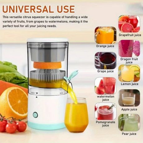 New portable USB juicer, powered by a rechargeable lithium battery, extracts juice from oranges, lemons, watermelons, grapes, and other juicy fruits with the press of a button, efficiently separating pulp residue—a versatile kitchen and travel helper.