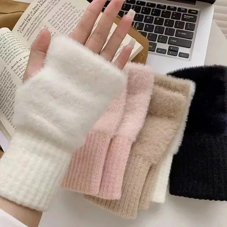 Women's Comfortable Fingerless Gloves - Soft, Warm, and Fashionable Pure White Winter Gloves, Suitable for Cold Weather or Casual Wear, Hand Washable, Ladies' Gloves.white
