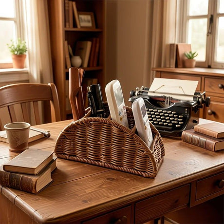 Handwoven Remote Control Storage Box, eco-friendly material, large capacity for categorized storage, fits coffee tables and desktops, easily eliminates clutter, adding a natural and warm touch to your home.(dull grey)