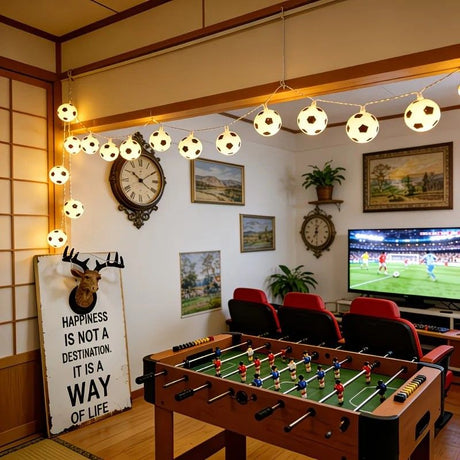 Football Shaped LED String Light, Warm Yellow Soft Glow, Cozy Decoration for Bedroom and Party. Battery Powered, 3Meters with 20 Lights.