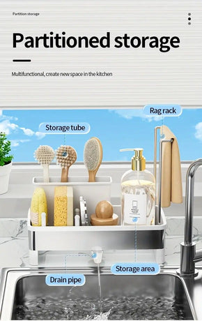 No Drill 360° Rotating Drain Sponge Holder with Tray Kitchen Sink Organizer(WHITE)