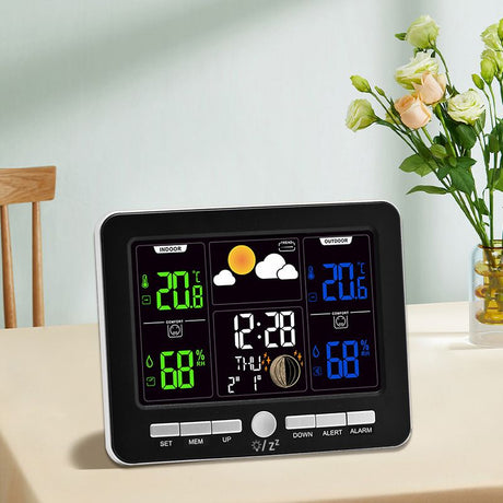 Indoor Outdoor Weather Station Color LCD Atomic Clock Barometer Forecast Dual Alarm Snooze Calendar Time Date Moon Phase Adjustable Backlight.BLACK
