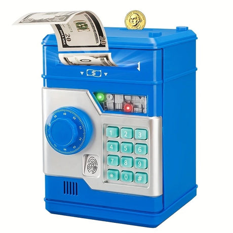 Children's Password Piggy Bank, Dual Lock,BLUE  Automatic Bill Intake, Develops Savings Habit, Multiple Colors Available, Battery Not Included