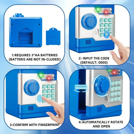 Children's Password Piggy Bank, Dual Lock,BLUE  Automatic Bill Intake, Develops Savings Habit, Multiple Colors Available, Battery Not Included
