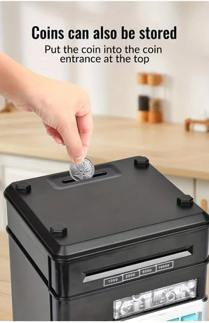BLACK Children's Password Piggy Bank, Stores Coins & Paper Money, Auto Roll-Up, Sound & Light Interaction, Fosters Good Savings Habits. Battery Not Included