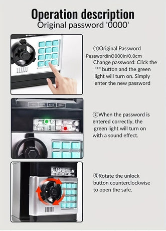 BLACK Children's Password Piggy Bank, Stores Coins & Paper Money, Auto Roll-Up, Sound & Light Interaction, Fosters Good Savings Habits. Battery Not Included