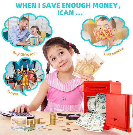 BLACK Children's Password Piggy Bank, Stores Coins & Paper Money, Auto Roll-Up, Sound & Light Interaction, Fosters Good Savings Habits. Battery Not Included