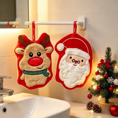 Christmas Hanging Hand Towel (2-Pack) | Coral Fleece Triple-Layer Thickened, 23×19cm Highly Absorbent, Fun Santa & Reindeer Double Design, Dual Use for Kitchen & Bathroom, Combines Practicality with Decoration
