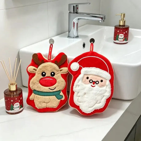 Christmas Hanging Hand Towel (2-Pack) | Coral Fleece Triple-Layer Thickened, 23×19cm Highly Absorbent, Fun Santa & Reindeer Double Design, Dual Use for Kitchen & Bathroom, Combines Practicality with Decoration