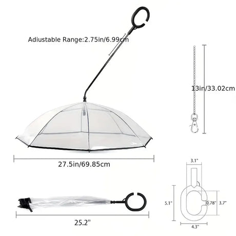 Bendable transparent pet umbrella with leash chain, rain or shine, one umbrella for outdoor pet walks