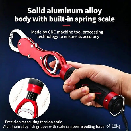 Aluminum Alloy Fish Control & Weighing Tool – Curved Jaw Anti-slip Lock, 18KG Instant Reading Scale（red)