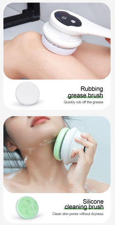 Multi-Function Electric Body Brush: 360° Rotation, Auto-Cleaning, 5 Brush Heads, 3-Speed Adjustment, Wet & Dry Use for Home Spa Experience.pink
