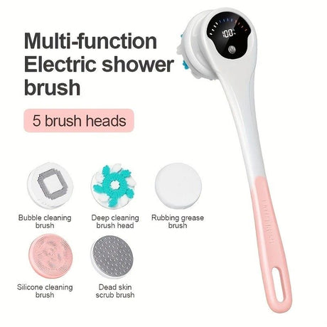 Multi-Function Electric Body Brush: 360° Rotation, Auto-Cleaning, 5 Brush Heads, 3-Speed Adjustment, Wet & Dry Use for Home Spa Experience.GREY