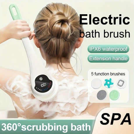 Multi-Function Electric Body Brush: 360° Rotation, Auto-Cleaning, 5 Brush Heads, 3-Speed Adjustment, Wet & Dry Use for Home Spa Experience.GREEN