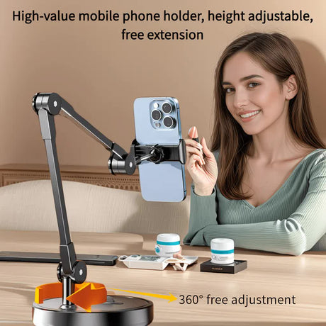 Robust and Adjustable Carbon Steel Phone Holder – Features a 360° Rotating Flexible Long Arm, Durable Carbon Steel Cantilever Base, Perfect for Watching TV Shows, Live Streaming, and Taking Selfies [Black]