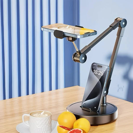 Robust and Adjustable Carbon Steel Phone Holder – Features a 360° Rotating Flexible Long Arm, Durable Carbon Steel Cantilever Base, Perfect for Watching TV Shows, Live Streaming, and Taking Selfies [Black]