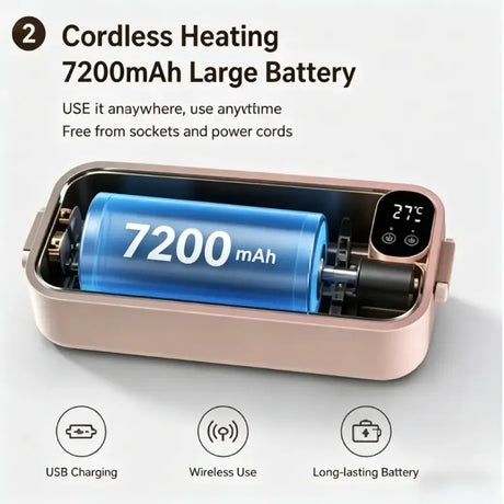 900ml Cordless Heating Lunch Box, 7200mAh Long Battery Life, Portable Meal Warmer (GREY)