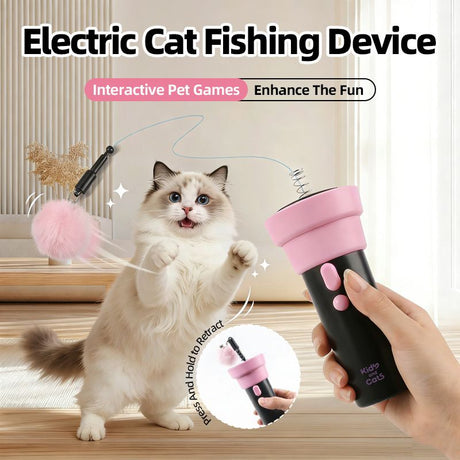 Electric Cat Fishing Wand Toy: One-Button Launch with Spring Retraction, the Perfect Stress-Relief Toy for Human-Pet Interaction/Black [gift battery *2+ replacement head *2+ screwdriver]