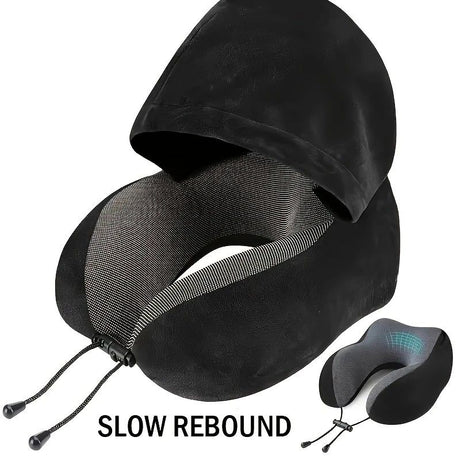 Outdoor Travel Car Pillow, 1pc Memory Foam Hooded U-shaped Neck Pillow, Washable, Neck Pillow with Hood.(black)
