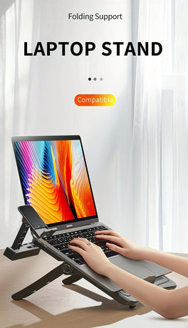 Adjustable laptop stand, designed for 17.3-inch laptops, a portable stand that allows for height adjustment on the desk, and comes with a dedicated phone holder.