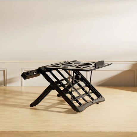 Adjustable laptop stand, designed for 17.3-inch laptops, a portable stand that allows for height adjustment on the desk, and comes with a dedicated phone holder.