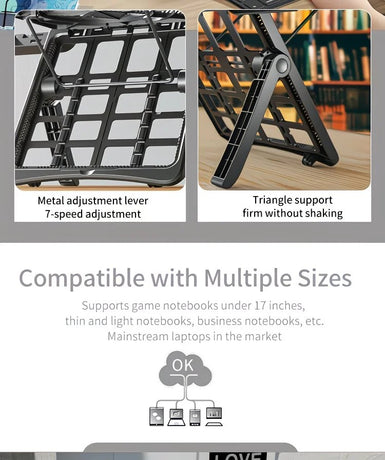 Adjustable laptop stand, designed for 17.3-inch laptops, a portable stand that allows for height adjustment on the desk, and comes with a dedicated phone holder.