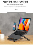 Adjustable laptop stand, designed for 17.3-inch laptops, a portable stand that allows for height adjustment on the desk, and comes with a dedicated phone holder.