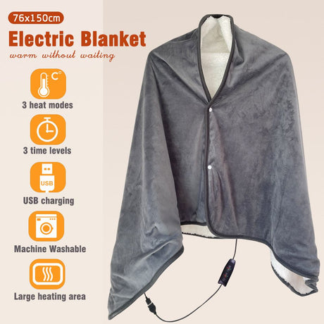 3-Setting Electric Heating Shawl | USB Rapid Warming, Portable & Machine Washable, Multifunctional Warming Blanket for Home, Office & Travel