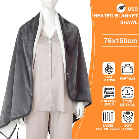 3-Setting Electric Heating Shawl | USB Rapid Warming, Portable & Machine Washable, Multifunctional Warming Blanket for Home, Office & Travel
