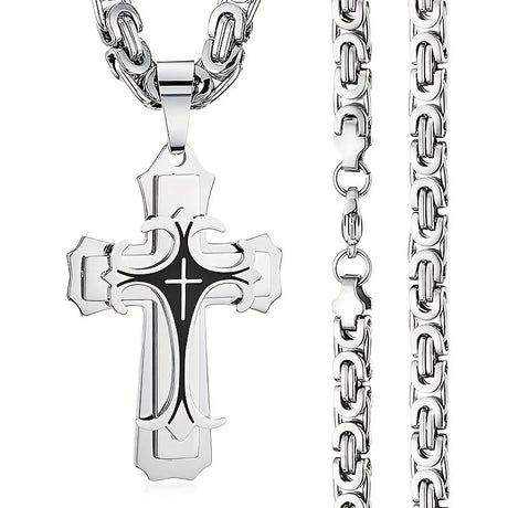 golden Men's Vintage Flat Handmade Necklace with Multi-layered Stainless Steel Pendant Jewelry Accessory.