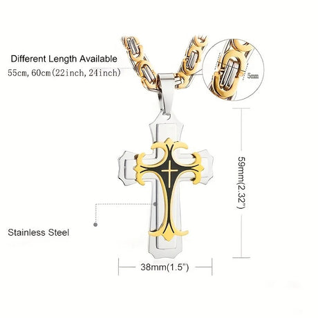 silver  Men's Vintage Flat Handmade Necklace with Multi-layered Stainless Steel Pendant Jewelry Accessory.