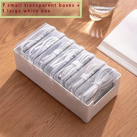 Transparent cable organizer, 7 small + 1 large combo design. Lightweight and durable, stores data cables and chargers, keeps desktop tidy. Ideal storage solution for both home and office.