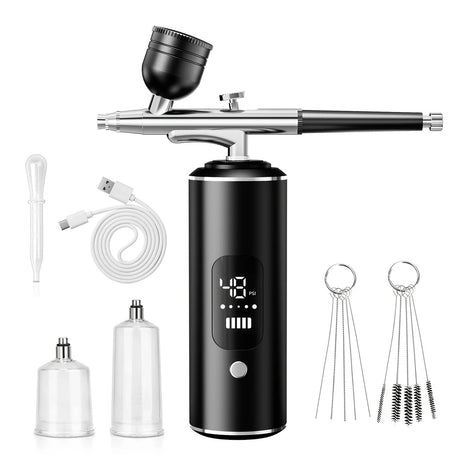 Black Portable Wireless Airbrush Kit, ideal for nail art, painting, cake decoration, and makeup. Rechargeable design, perfect for both amateurs and professionals.