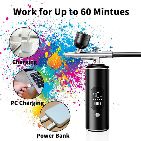 Black Portable Wireless Airbrush Kit, ideal for nail art, painting, cake decoration, and makeup. Rechargeable design, perfect for both amateurs and professionals.