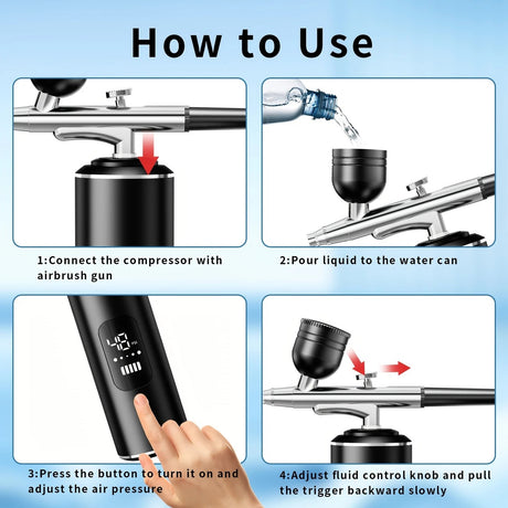 Black Portable Wireless Airbrush Kit, ideal for nail art, painting, cake decoration, and makeup. Rechargeable design, perfect for both amateurs and professionals.