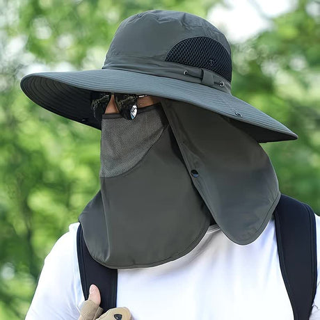 beige。Extra Wide Fishing Hat with Detachable Sun Visor and Neck Guard - The Perfect Choice for Summer Fishing, Hiking, and Outdoor Activities