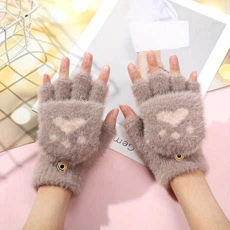 Faux Mink Fingerless Fleece-Lined Warm Gloves – Practical for Autumn/Winter, Heart Design with High-Elastic Cuff, Ideal for Office Use and Daily Hand Warmth.(navy blue)