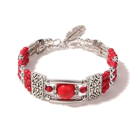 2PCS Ethnic-style Vintage Open Bracelet, Turquoise Beads with Silver Carved Accents, Bohemian Exotic Charm, a Personalized Accessory for Daily and Travel Wear.red