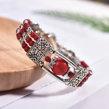 2PCS Ethnic-style Vintage Open Bracelet, Turquoise Beads with Silver Carved Accents, Bohemian Exotic Charm, a Personalized Accessory for Daily and Travel Wear.red