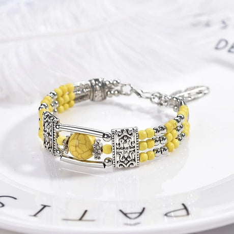 2PCS Ethnic-style Vintage Open Bracelet, Turquoise Beads with Silver Carved Accents, Bohemian Exotic Charm, a Personalized Accessory for Daily and Travel Wear.Yellow