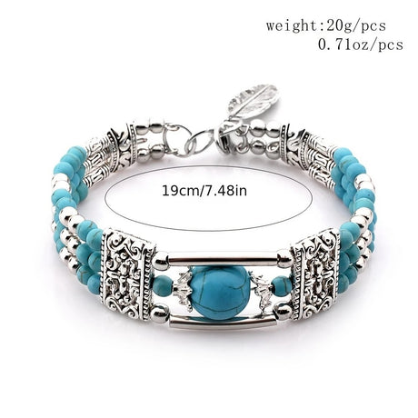 2pcs Ethnic-style Vintage Open Bracelet, Turquoise Beads with Silver Carved Accents, Bohemian Exotic Charm, a Personalized Accessory for Daily and Travel Wear.blue