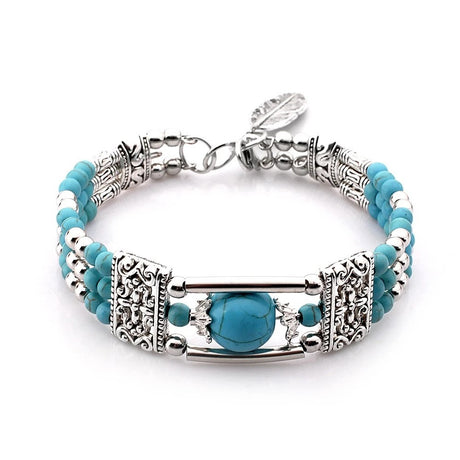 2pcs Ethnic-style Vintage Open Bracelet, Turquoise Beads with Silver Carved Accents, Bohemian Exotic Charm, a Personalized Accessory for Daily and Travel Wear.black