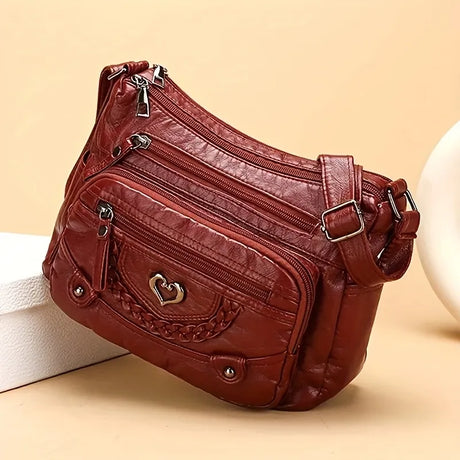 Elegant Series Multi-Pocket PU Mini Square Bag – Soft Durable Crossbody, Metal Zipper Wide Strap, Polyester Lining, Lightweight Large Capacity for Women.(wine red)
