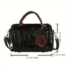 Vintage Rose PU Boston Pillow Bag, Topstitch Floral Accent, Zipper Closure, Handheld Shoulder Crossbody, Poly-Cotton Lining.(black)