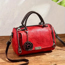Vintage Rose PU Boston Pillow Bag, Topstitch Floral Accent, Zipper Closure, Handheld Shoulder Crossbody, Poly-Cotton Lining.(black)