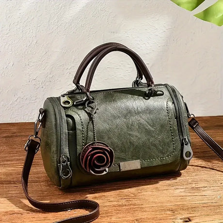 Vintage Rose PU Boston Pillow Bag, Topstitch Floral Accent, Zipper Closure, Handheld Shoulder Crossbody, Poly-Cotton Lining.(black)