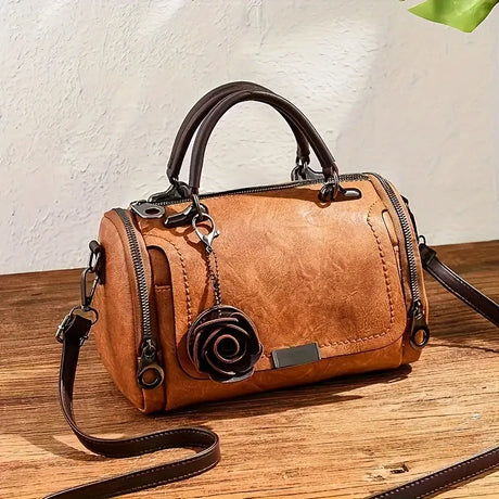 Vintage Rose PU Boston Pillow Bag, Topstitch Floral Accent, Zipper Closure, Handheld Shoulder Crossbody, Poly-Cotton Lining.(black)